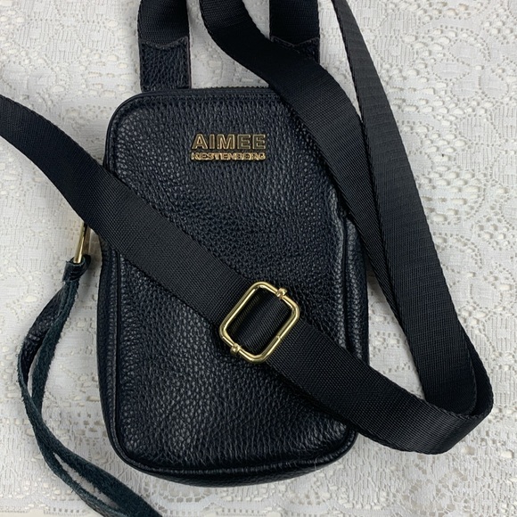 Aimee Kestenberg Black Leather Crossbody Bag Gold Zip & logo Camo Lined Tassel - Picture 11 of 13